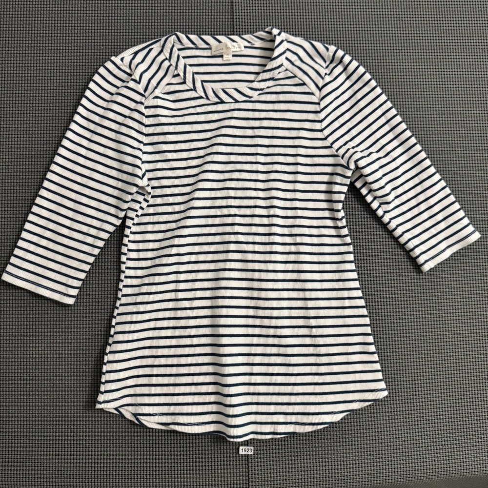 Nine Britton Womens Blue White Striped Ribbed 3/4 Sleeve Raglan Top Size Medium